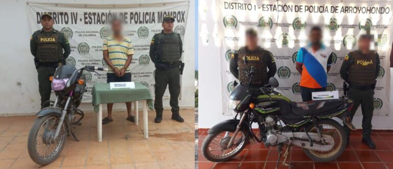 Policía recupera dos motos robadas en Bolívar y captura a conductores por receptación.