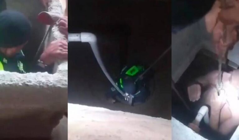 Policía rescató a un hombre mayor y su perro que cayeron en un pozo: impactante vídeo.