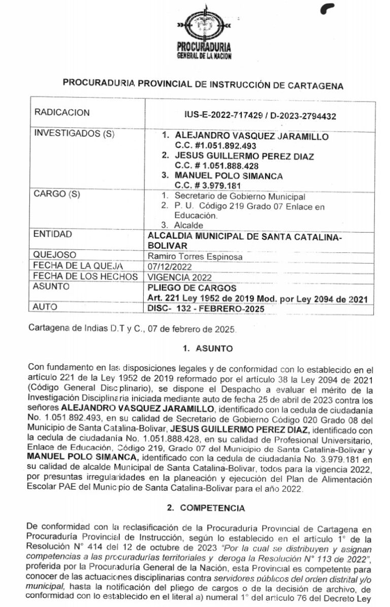 Pliego de cargos disciplinarios al exalcalde de Santa Catalina Manuel